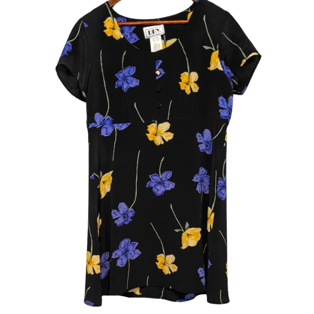 DBY 90s VTG Black & Floral Mini Dress Button Top Short Sleeve Whimsigoth 9 FLAWS